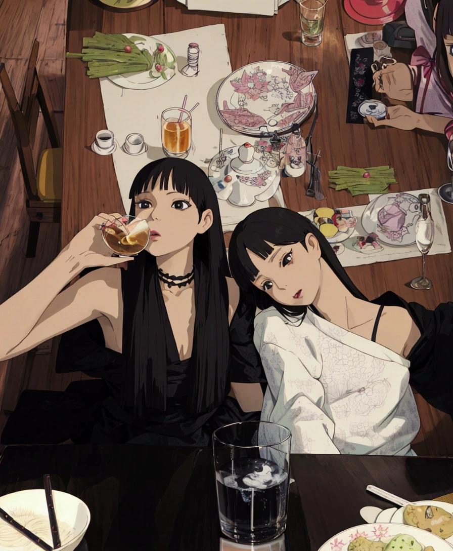 ghibli style, two women sitting at a table with plates of food and drinks, ulzzang, pixivs and junji ito, the hime cut, she has black hair with bangs, goth girl aesthetic, nixeu and sakimichan, russian and japanese mix, with black, trending at cgstation, with a drink, inspired by Wang Duo