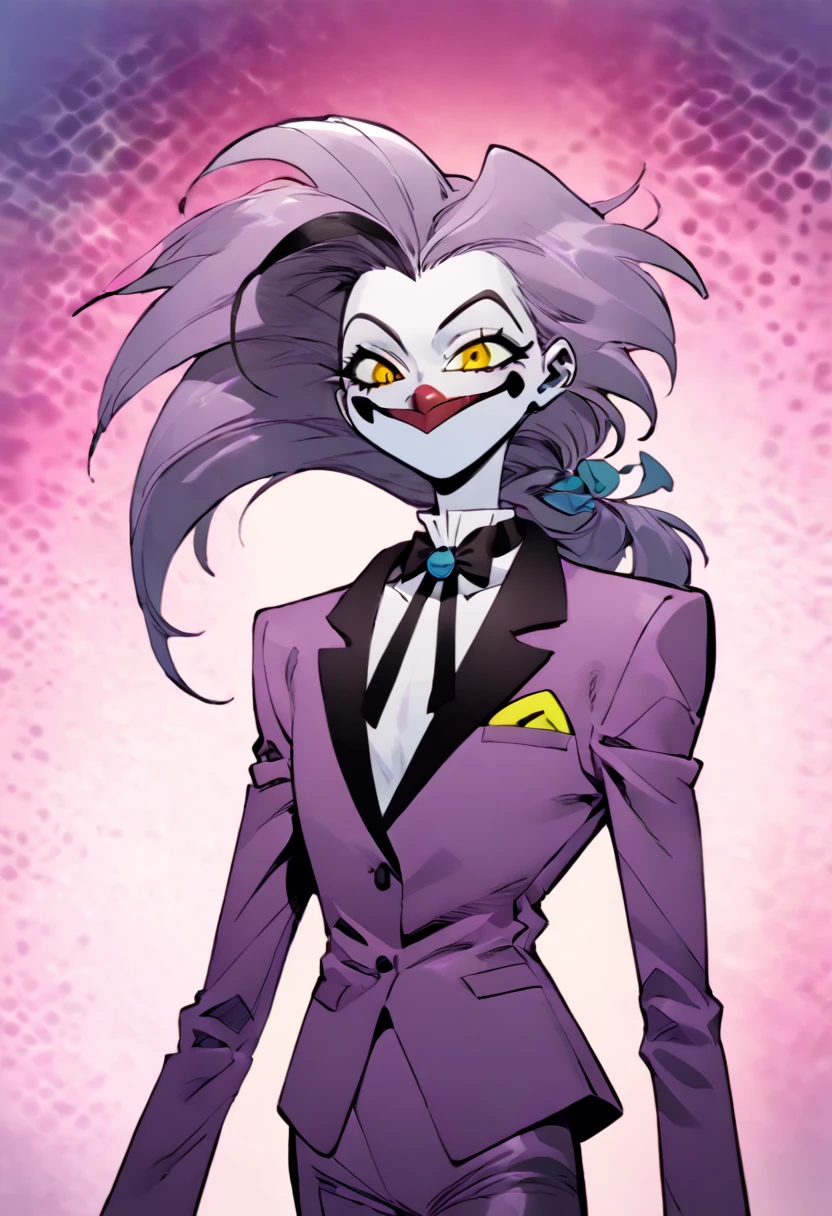 Slapstick,a cartoon Marvel Comics character,femboy,skinny,long hair,purple hair,androgynous,male focus,flat chest,white pale skin,toon,yellow eyes,a goofy physique, clown,elegant suit,inspired by the style of The Mask comics/Bill Sienkiewicz, 90’s comics, masterfully rendered with exceptional detail and cartoony, vivid colors, and funky lighting.