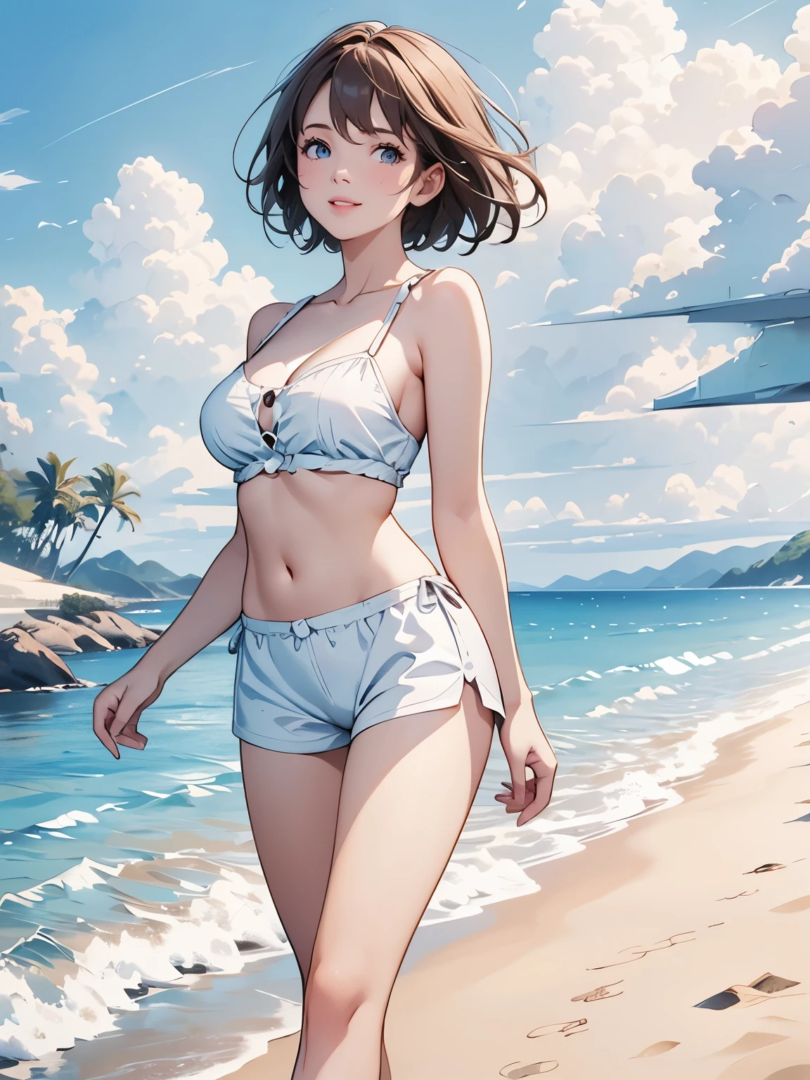 (Highest quality、masterpiece、High resolution、8K)、Vibrant colors、Young and beautiful woman 1、whole body、Brown and black short bob、barefoot、(Detailed face、Beautiful Eyes、Beautiful nose、Pretty lips)、Ample breasts、Beautiful cleavage、White T-shirt and shorts、Running on the beach、A refreshing smile、looking at the camera、Official Art、The background is the sea、blue sky、White waves and wide sandy beach、Wide forest、White Entrance Cloud、(Depth of written boundary:1.5)、Professional Lighting、