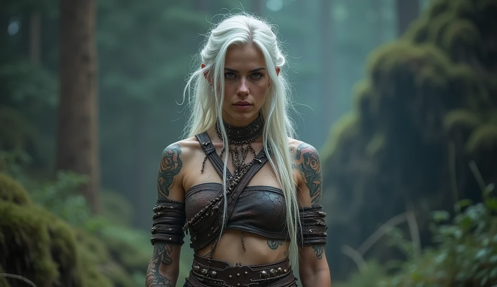 white haired scraggly shirtless tattooed female viking shaman, has glowing tattoos, wearing light leather armor