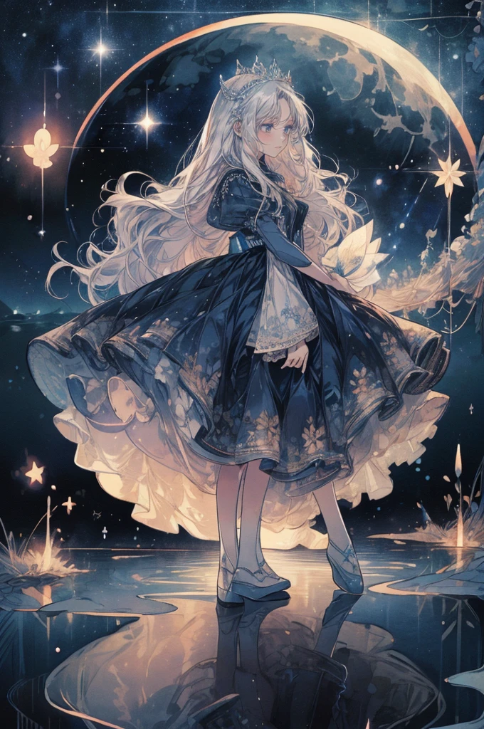 (Mastepiece), (Best Quality), Very detailed, 1 girl, (Full body solo shot:1.5), Perfect Face, beautiful girl, Very detailedな顔，(Blue Princess Dress:1.4)、(Long white hair:1.5)，(blue eyes:1.4)，(Princess:1.4)、(White flower:1.4)、(Blue Butterfly々:1.3)、(Sparkling:1.3)、moonlight、流れstar、(night、star空、White Moon:1.4)、star々、moonlight