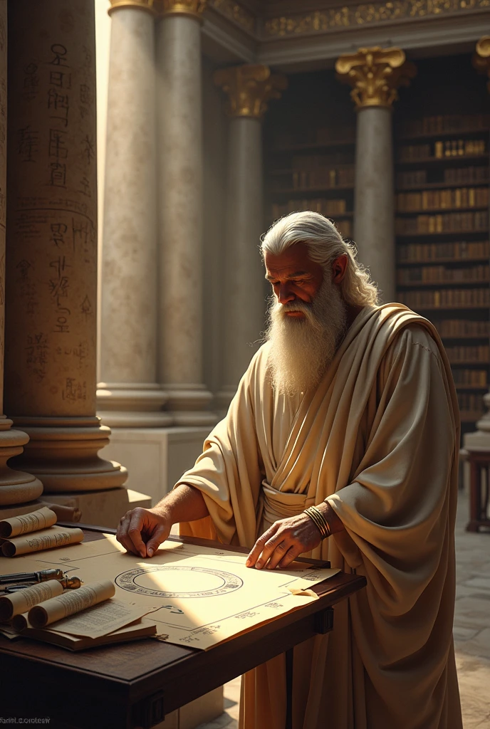 Euclid teaching geometry in an ancient library, surrounded by scrolls and geometric shapes. He’s holding a compass, drawing a perfect circle on a parchment, with 'Elements' written on one of the scrolls nearby."