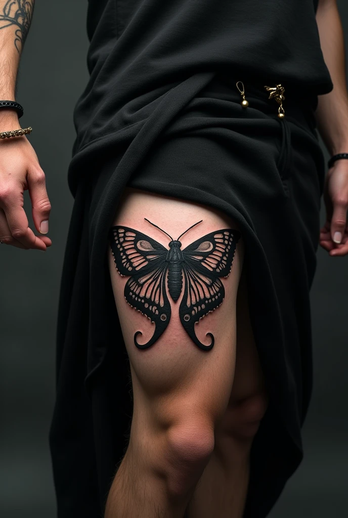 Tattoo above the knee of a moth , for a man in black with a pattern in the wings that contains the zodiac sign Leo