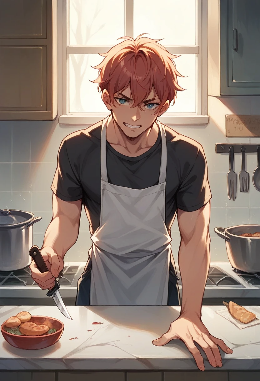 anime guy in apron preparing food in kitchen with window in background, handsome guy in demon slayer art, handsome anime pose, anime handsome man, cooking, smooth anime cg art, detailed anime character art, in the kitchen, painted in anime painter studio, clean detailed anime art, best anime 4k konachan wallpaper, detailed digital anime art