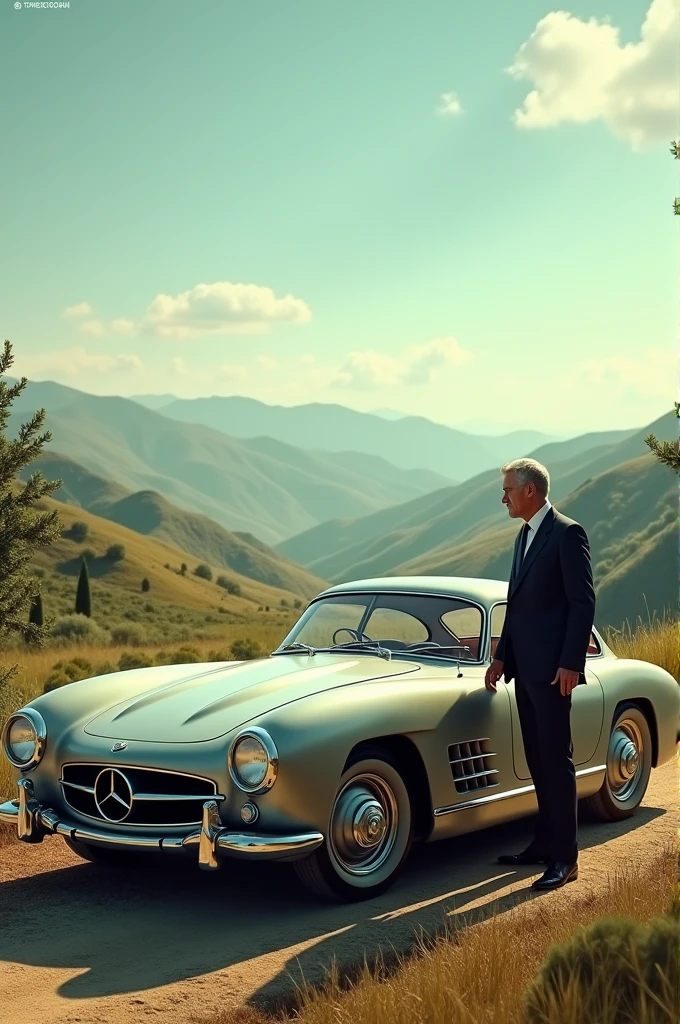 Generate a car with landscape and a man standing in side of it