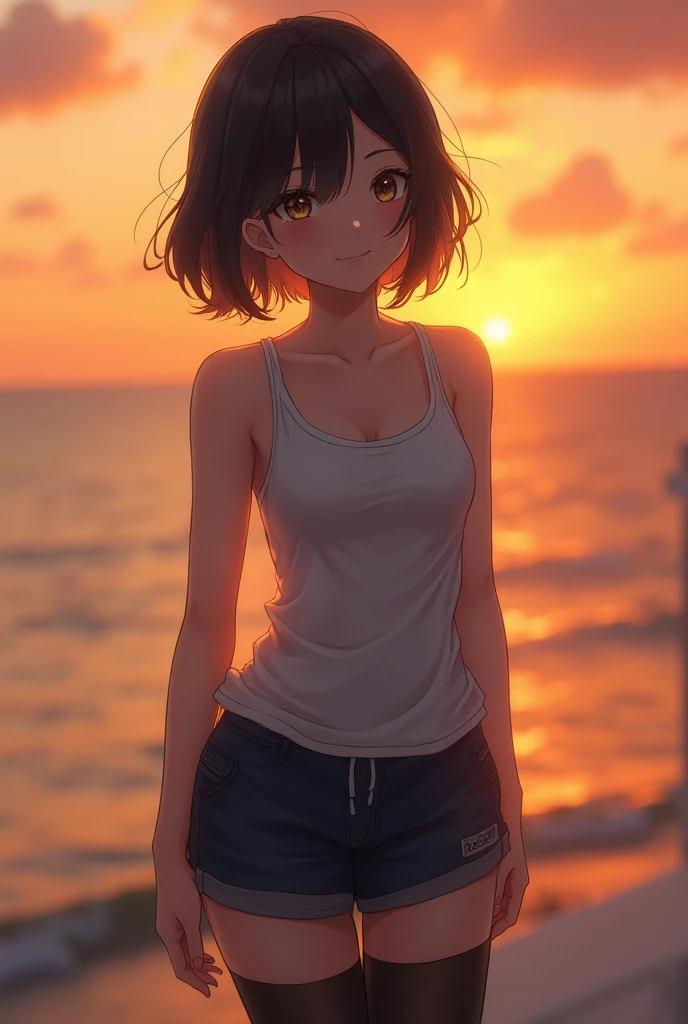 One girl, Photo Model, smile, Focus on your audience, Beautiful lighting, Highest quality, masterpiece, Ultra-high resolution, Realistic, Black Hair, Short tank top, Shorts, Long Stockings, Medium chest, White skin,( Sunset background:1.4)