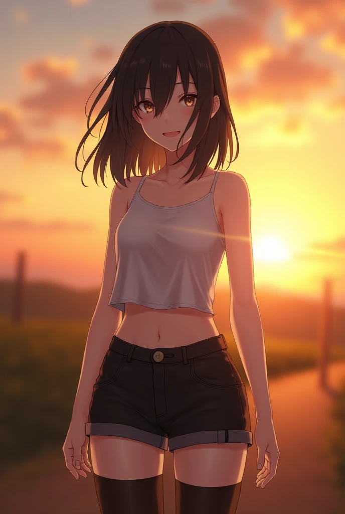 One girl, Photo Model, smile, Focus on your audience, Beautiful lighting, Highest quality, masterpiece, Ultra-high resolution, Realistic, Black Hair, Short tank top, Shorts, Long Stockings, Medium chest, White skin,( Sunset background:1.4)