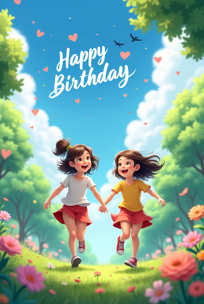 2 girl kids  holding hands  and running  in park with flowers , birds in sky, love shape clouds  happy birthday text in sky