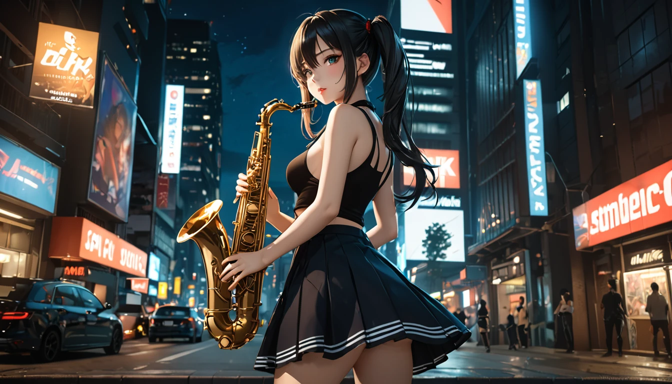 masterpiece, best quality, HuTaoV4, 1girl, solo, blush, twintails, long hair, hair between eyes, ((streetwear clothes)), city, outdoors, night, holding saxophone, movie poster, extremely detailed 8K, smooth, high resolution, ultra quality, cinematic lighting, ambient occlusion, hd, 2k, 4k, 8k, 16k, extremely detailed anime, detailed faces, perfect composition, wide shot, atmospheric lighting, very sexy, lift skirt, random low back angle, uncensored, nsfw, sin censura