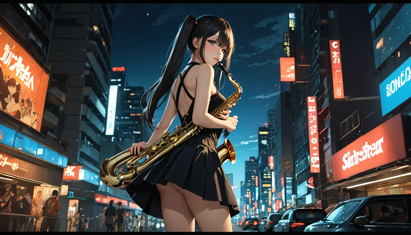 masterpiece, best quality, HuTaoV4, 1girl, solo, blush, twintails, long hair, hair between eyes, ((streetwear clothes)), city, outdoors, night, holding saxophone,  movie poster, extremely detailed 8K, smooth, high resolution, ultra quality, cinematic lighting, ambient occlusion, hd, 2k, 4k, 8k, 16k, extremely detailed anime, detailed faces, perfect composition, wide shot, atmospheric lighting, very sexy, lift skirt, random low back angle, uncensored, nsfw, sin censura