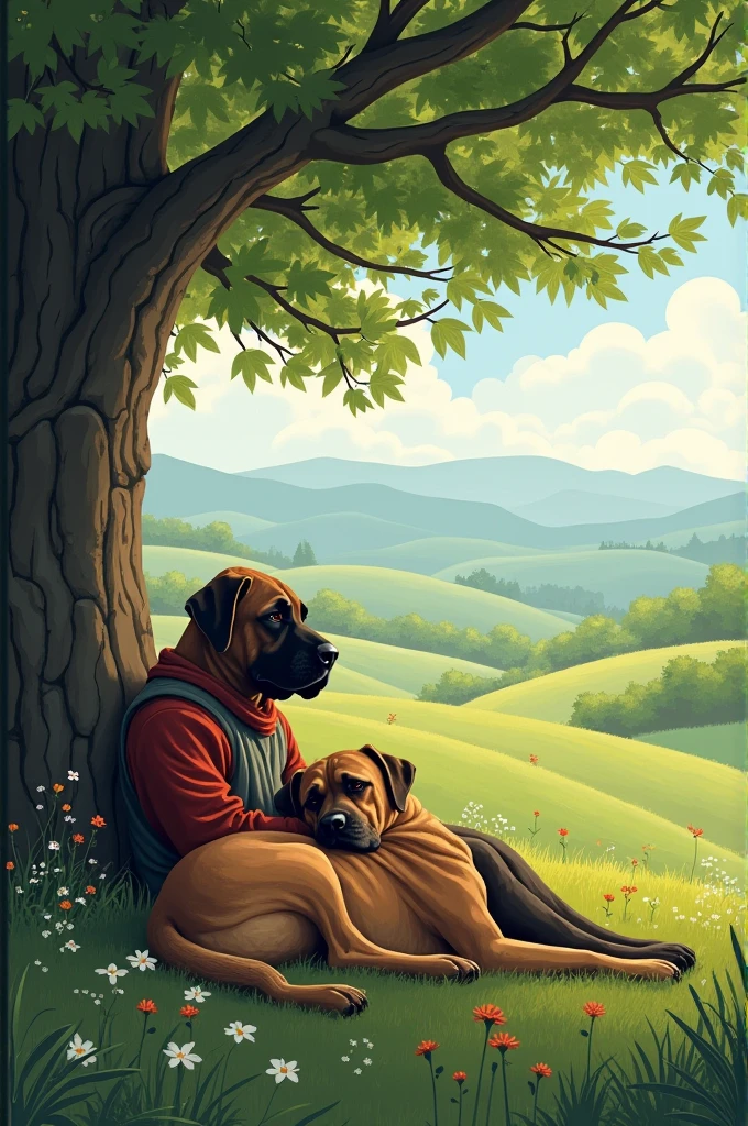 A shepherd sleeping under the shade of a tree in spring and next to the shepherd a Neapolitan mastiff dog
