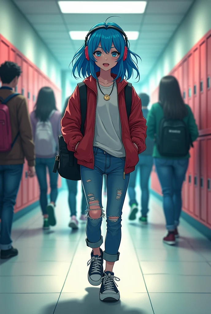 A 16-year-old girl with blue, medium-length hair who likes rock music., walking in the school hallway listening to music