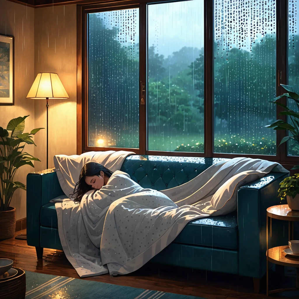 A cozy and tranquil scene illustrating a rainy day indoors. The image features a softly lit room with raindrops gently tapping on a windowpane, creating a misty ambiance. A person is comfortably wrapped in blankets, resting on a couch, surrounded by a peaceful atmosphere. The scene captures the warmth and serenity of being inside during a rainstorm, with musical notes subtly blending into the rain, symbolizing harmony and relaxation. The overall composition conveys a sense of comfort, calm, and the peaceful rhythm of a rainy day