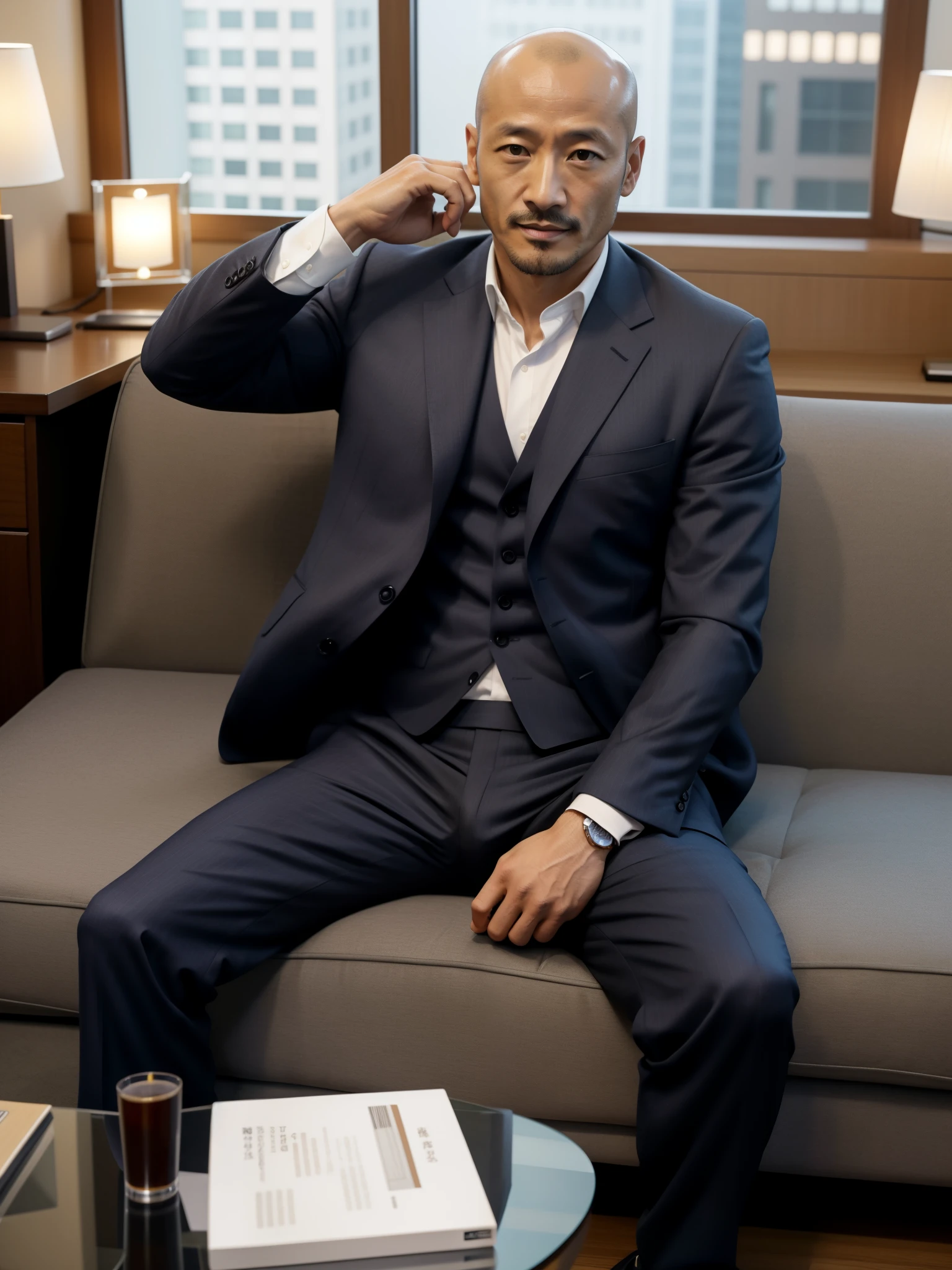 40 years old,Hidetoshi Nakata,(Kogoro Mori 1.3),whole body,Lean,muscle,office,grey socks,Suit,Feet raised,sofa,Baldhead ,transparent,Thick body hair,underwear,Topless,Densely hairy,Fortitude,HD,With a mustache