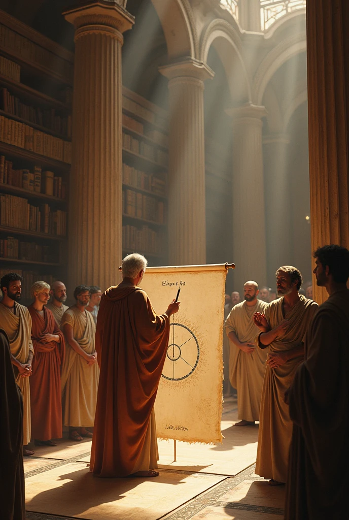 Euclid teaching geometry in an ancient library, surrounded by scrolls and geometric shapes. He’s holding a compass, drawing a perfect circle on a parchment, with 'Elements' written on one of the scrolls nearby."
