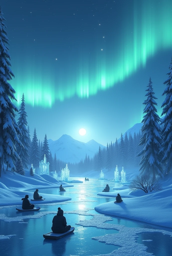 snowy landscape with a frozen lake, ice sculptures, sleds, night sky with northern lights