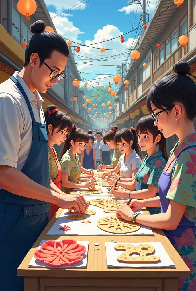 A corner of a Japanese summer festival　Cut-out shop　A wide range of people from small children to high school students can enjoy it.　It&#39;s small and compact　The owner is a well-built man with glasses and a man bun hairstyle.　busy　Some girls are wearing kimonos such as yukata.　A festival held by closing off roads in the city　Around 10 people sat around a table, all working on the cookie cutters with great enthusiasm and seriousness.