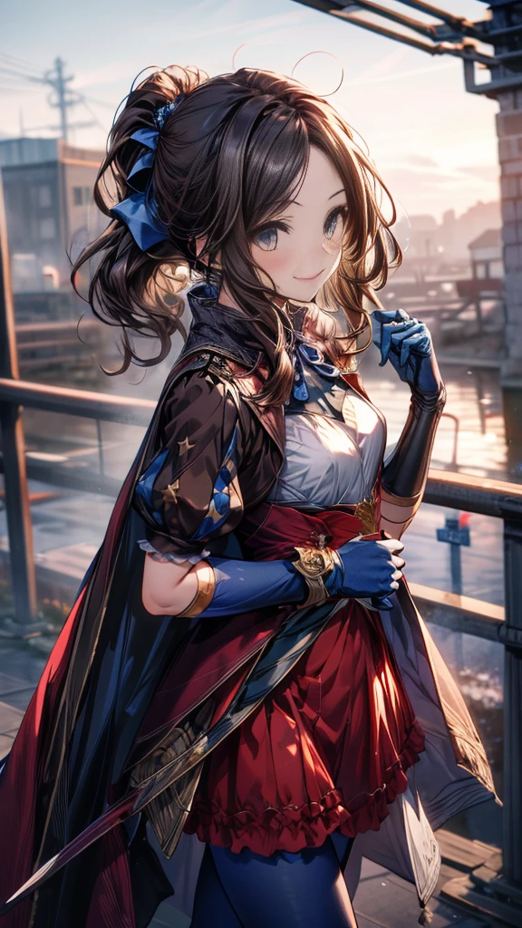 masterpiece, Highest quality, High resolution, Da Vinci, ponytail, Hair Ribbon, Parted bangs, Small breasts, Blue Ribbon, Single gauntlet, Cape, Red Skirt, Puff short sleeves, Blue gloves, Blue Pantyhose, Cowboy Shot, Are standing, Outdoor, smile,