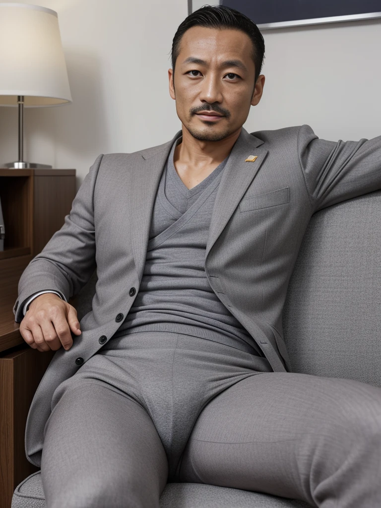 40 years old,Hidetoshi Nakata,(Kogoro Mori 1.3),whole body,Lean,muscle,office,grey socks,Suit,Feet raised,sofa,Baldhead ,transparent,Thick body hair,underwear,Topless,Densely hairy,Fortitude,HD,With a mustache