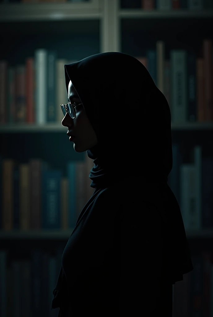 Picture of a girl from backside with a hijab sitting or standing looking at a bookshelf. She’s wearing glasses. The shadow will show her silhouette, including the glasses, and the contours of her hijab.