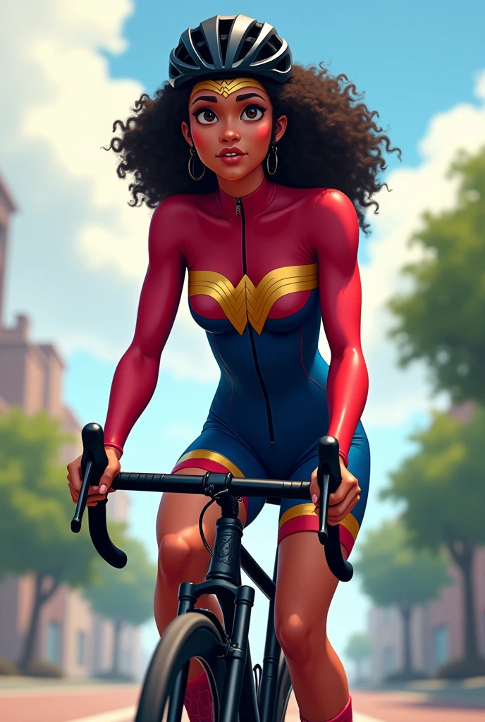Create an animated image of a mulatto cyclist with curly hair, that the bike is a black mountain bike with pink details and that the suit is special for cyclists alluding to Wonder Woman with its respective colors, that it is long-sleeved and that it uses a black helmet specifically for cycling