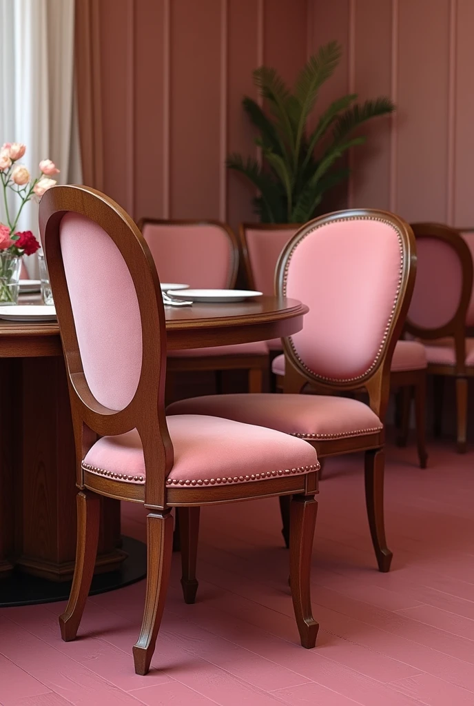 Dining chairs with pink cushions and dark brown wooden backrest and dark pink floor 
