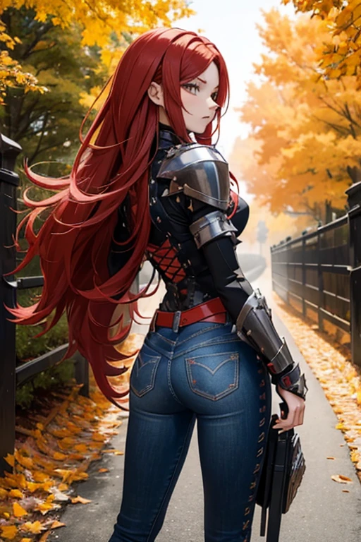 Create a full-body anime-style image of a 20-year-old human woman named Sylara Stormblade, seen from the back. She has long, straight red hair and an athletic build. Sylara is wearing studded armor on her upper body, tight dark blue jeans, and high red lace-up boots. In front of her, there are students in various fencing poses, indicating she is teaching a class. The setting is an autumnal outdoor medieval training ground, rich with fallen leaves and warm, earthy colors.