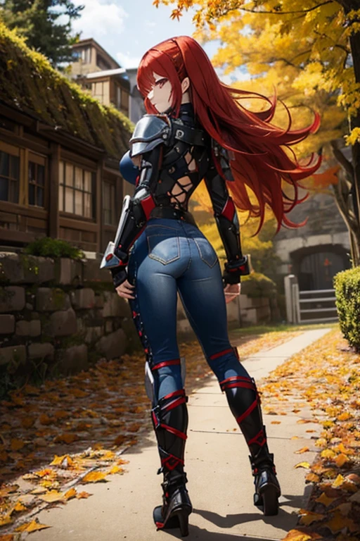 Create a full-body anime-style image of a 20-year-old human woman named Sylara Stormblade, seen from the back. She has long, straight red hair and an athletic build. Sylara is wearing studded armor on her upper body, tight dark blue jeans, and high red lace-up boots. In front of her, there are students in various fencing poses, indicating she is teaching a class. The setting is an autumnal outdoor medieval training ground, rich with fallen leaves and warm, earthy colors.