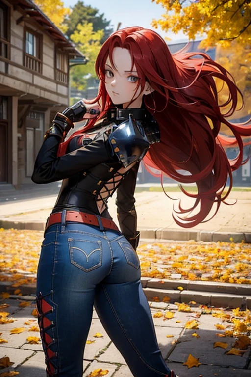 Create a full-body anime-style image of a 20-year-old human woman named Sylara Stormblade, seen from the back. She has long, straight red hair and an athletic build. Sylara is wearing studded armor on her upper body, tight dark blue jeans, and high red lace-up boots. In front of her, there are students in various fencing poses, indicating she is teaching a class. The setting is an autumnal outdoor medieval training ground, rich with fallen leaves and warm, earthy colors.