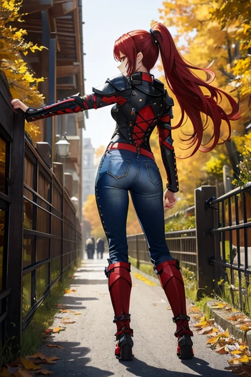 Create a full-body anime-style image of a 20-year-old human woman named Sylara Stormblade, seen from the back. She has long, straight red hair and an athletic build. Sylara is wearing studded armor on her upper body, tight dark blue jeans, and high red lace-up boots. In front of her, there are students in various fencing poses, indicating she is teaching a class. The setting is an autumnal outdoor medieval training ground, rich with fallen leaves and warm, earthy colors.