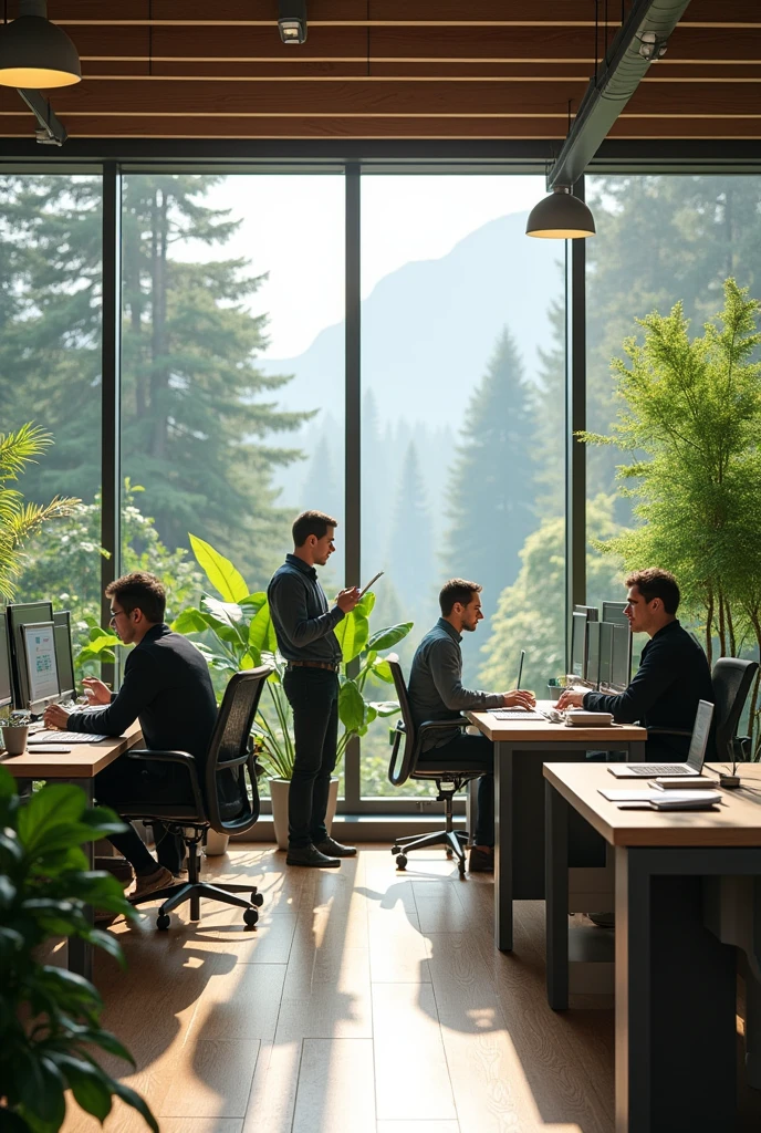 Create an image of the office of an environmental consulting firm. The office should have a modern, eco-friendly design with plenty of natural light, green plants and sustainable materials like wood and recycled elements. Include professionals working at desks with laptops, review environmental reports and discuss projects. There could be charts or maps on the walls showing environmental data and a large window with a view of the outside nature, like trees, mountains or a river. The overall environment should be clean, organized and focused on sustainability and environmental management".