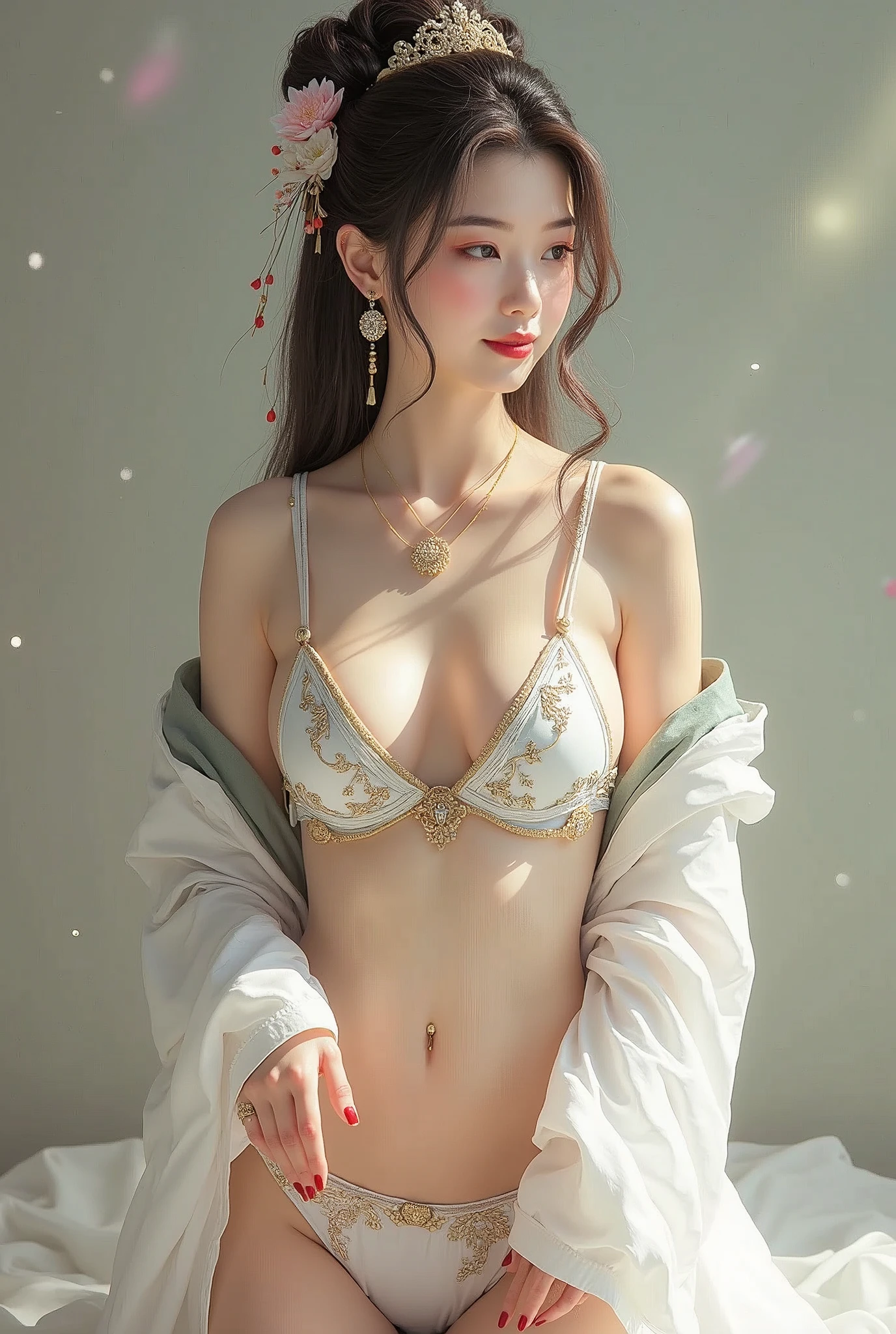 best quality, masterpiece, Ultra-high resolution, (Practical: 1.4), xiuxian, Smile, Shy, belly button, Exquisite makeup, Gorgeous jewelry, Swimsuit, Detail face,, 1 girl, White clothes, Lotus print, Maple Leaf Print, Solitary, arms, (Magic Circle: 1.2), xiuxian, whole body, beautiful girl, Half Body, East Asian Architecture, sheath, put up,
