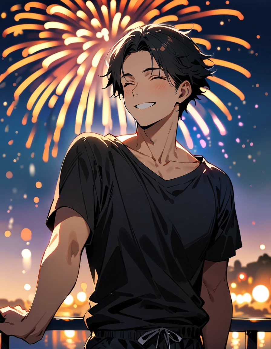 (masterpiece, best quality:1.2),1man, (solo), black short hair, close eyes, magnificent view, blur background, 8K, collarbone, sky, smile, Malta, black T-shirt, black short pants, Japanese man, fireworks, 30 years old,