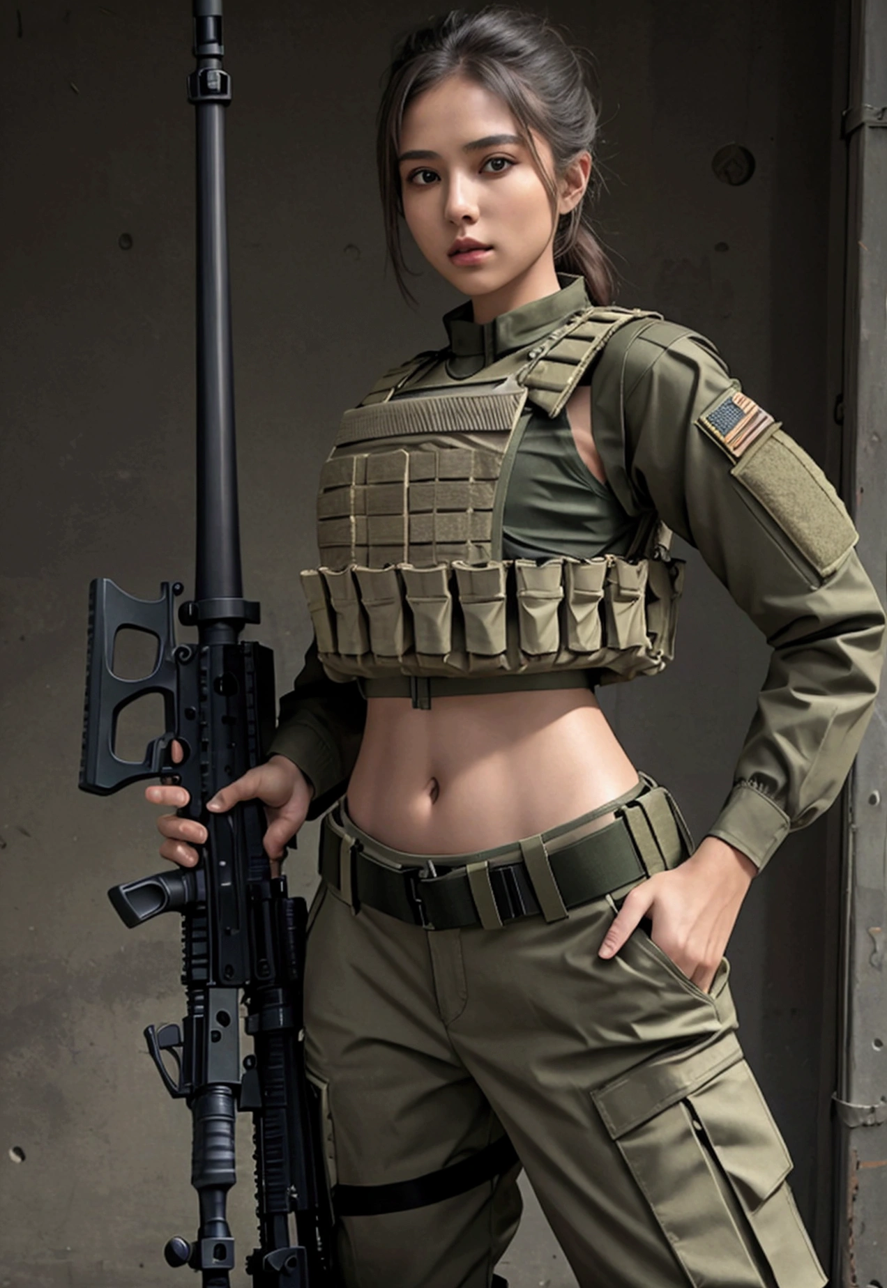 Women in crop top military bulletproof vest , military green cargo pants, belt, military helmet, tactical, (open navel), ((holding assault rifle))