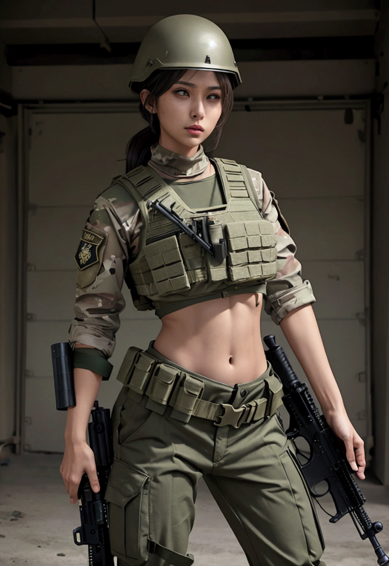 Women in crop top military bulletproof vest , military green cargo pants, belt, military helmet, tactical, (open navel), ((holding assault rifle))