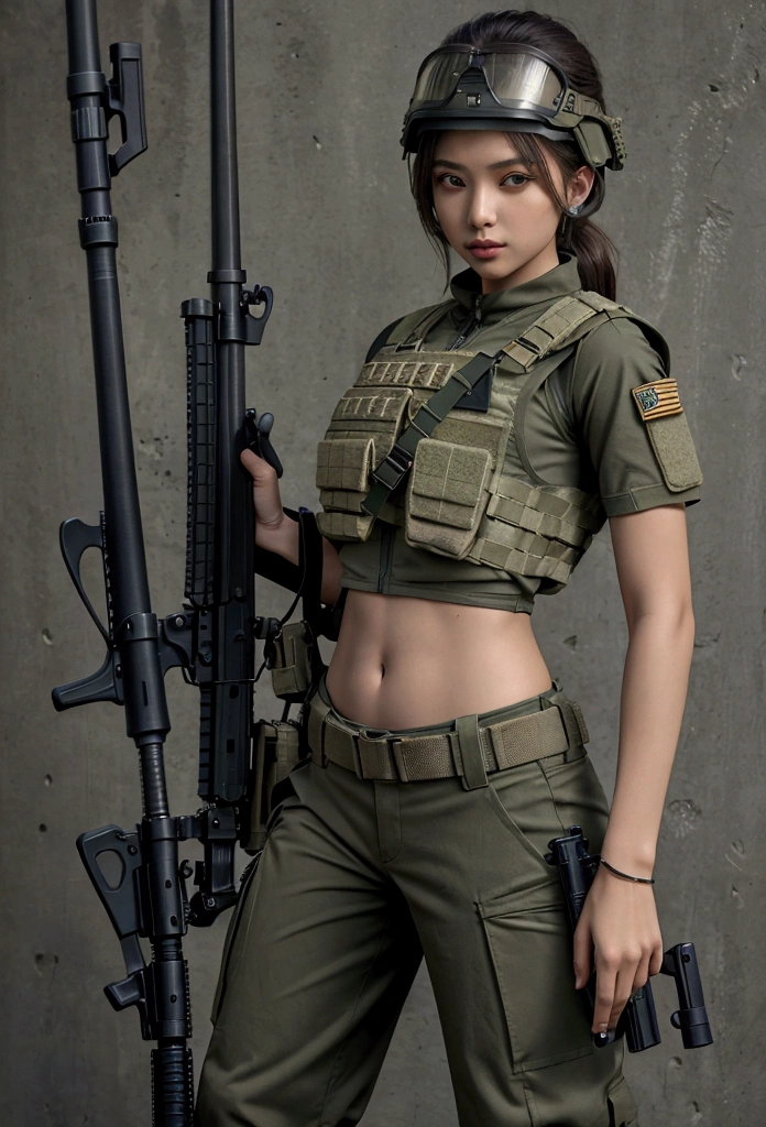 Women in crop top military bulletproof vest , military green cargo pants, belt, military helmet, tactical, (open navel), ((holding assault rifle))