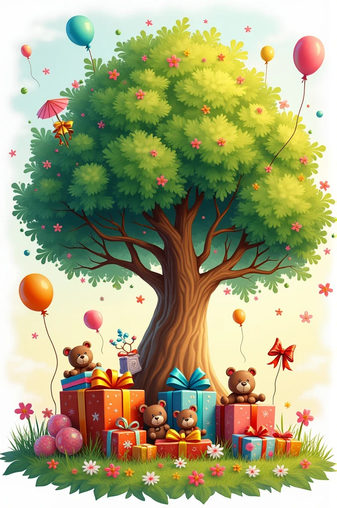 Logo of a tree of Eden with gift boxes and bubble balloons, teddy bears and children's gifts