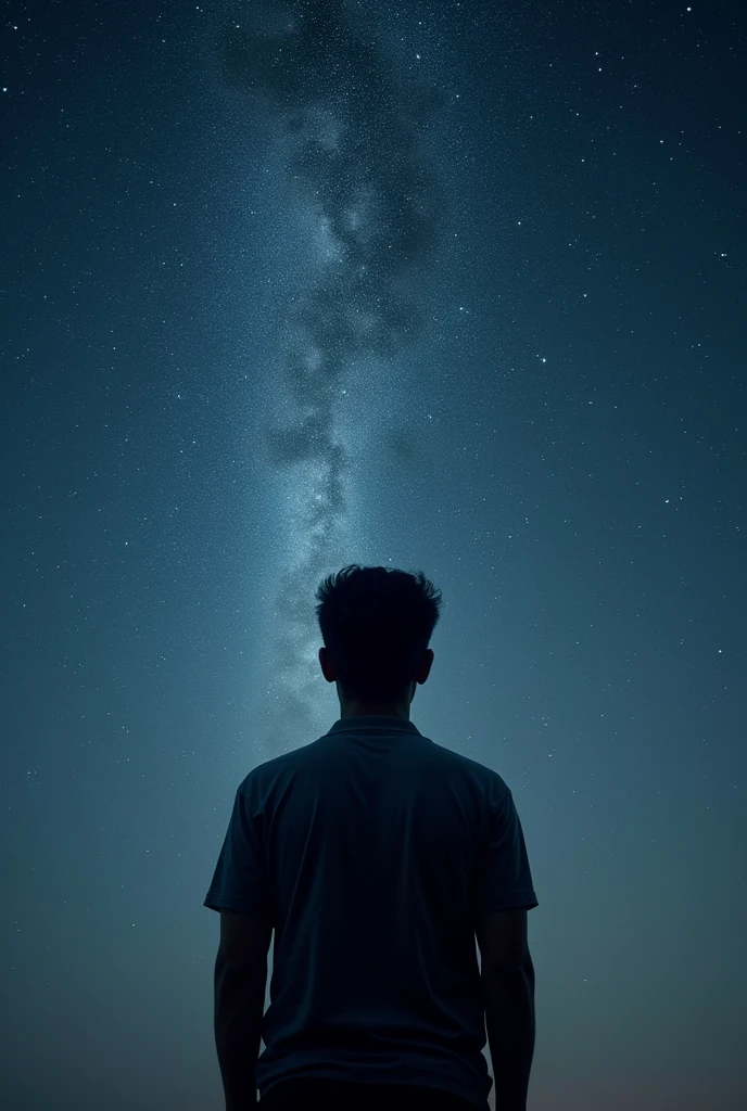 Show a human figure from behind, looking up at the starry sky with a contemplative expression. The sky should have a slight division between light and darkness, symbolizing the eternal struggle between good and evil.
