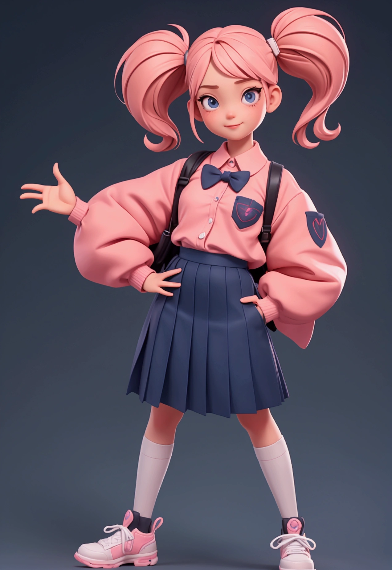 3D cartoon image of a girl wearing a school uniform, short hair