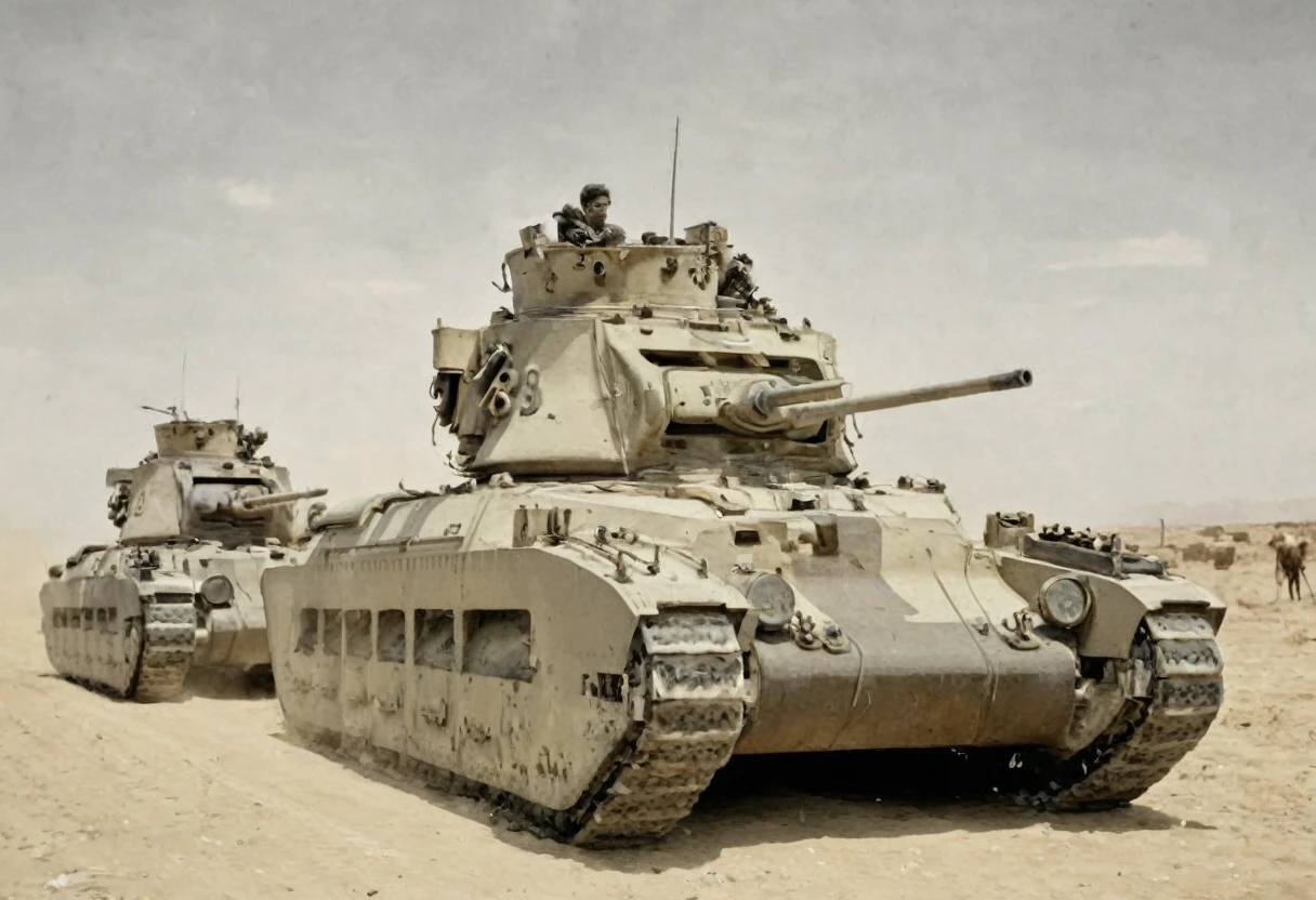 Matilda tank in the desert、Group of cavalry escorting、Converting monochrome photos to pale color through digital color restoration、
