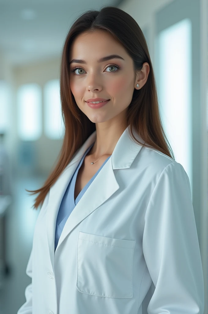 Create a woman with straight brown hair, with greenish eyes, wearing a doctor's lab coat