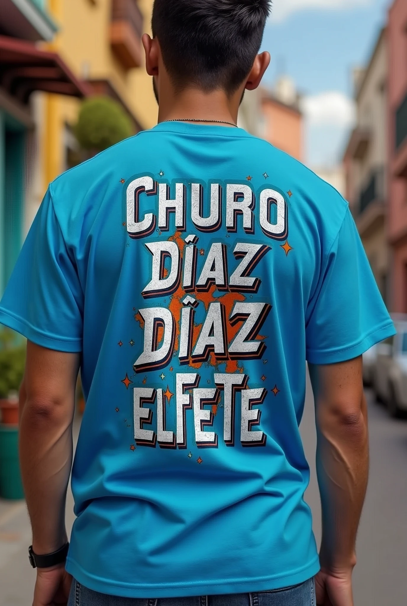 Blue shirt that says Churo Díaz el Fuete 