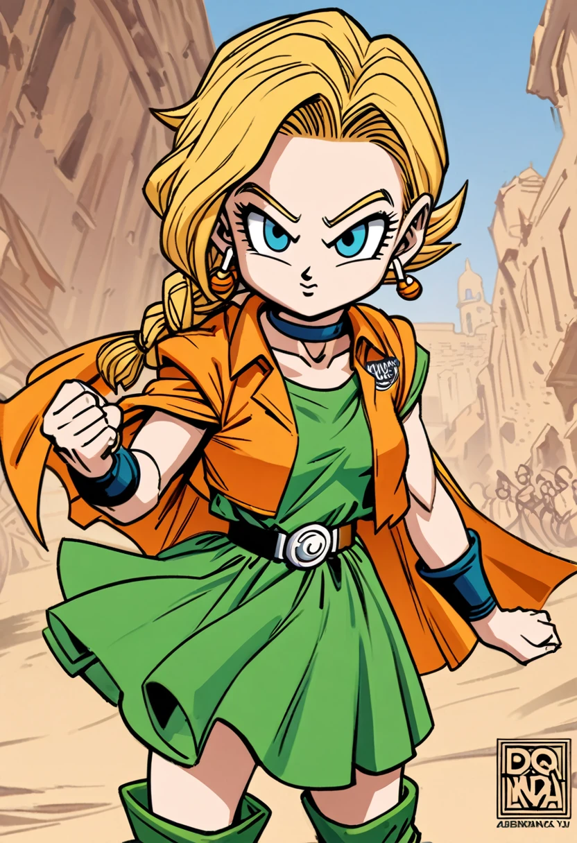 (artwork, Highest quality, detailed), girl1人, alone, Looking at the audience, girl,Dragon Ball Style , Akira Toriyama design,dqBianca, single braid, hair over shoulder
earrings, choker, orange cape, green dress, belt, boots,look at viewer, rush into you