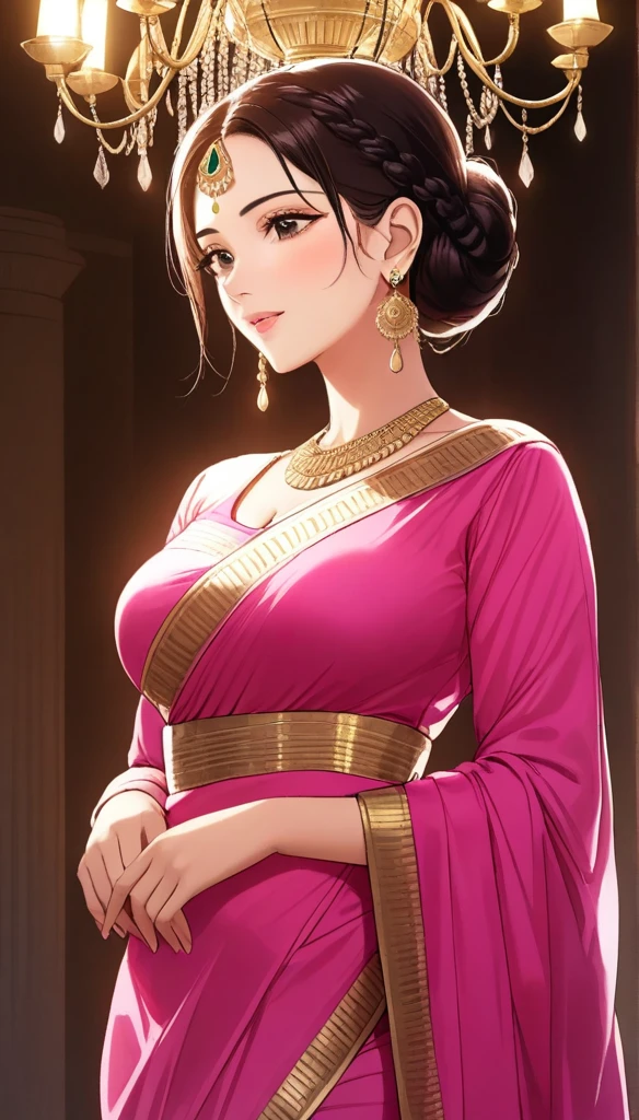 (1woman, mature, hair braid bun , full sleeve blouse pink bold saree, egyptian long chandelier earrings , detailed alluring