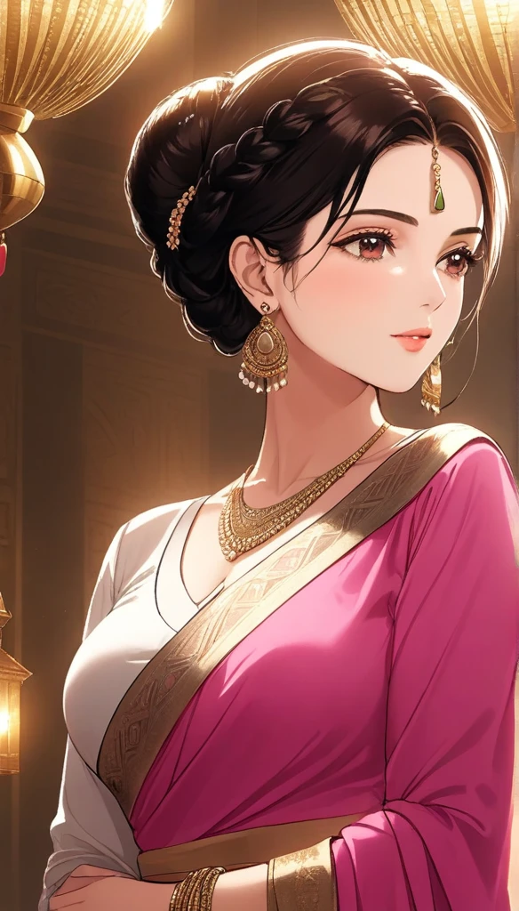 (1woman, mature, hair braid bun , full sleeve blouse pink bold saree, egyptian long chandelier earrings , detailed alluring