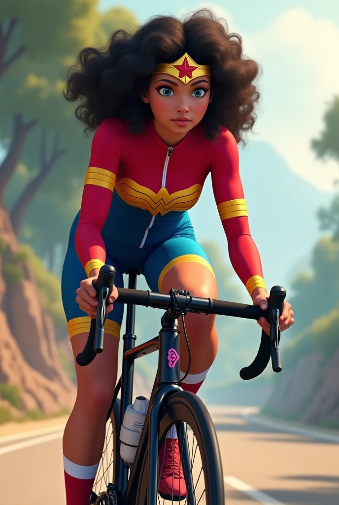 Create an animated image of a mulatto cyclist with curly hair, that the bike is a black mountain bike with pink details and that the suit is special for cyclists alluding to Wonder Woman with its respective colors, that it is long-sleeved and that it uses a black helmet specifically for cycling 