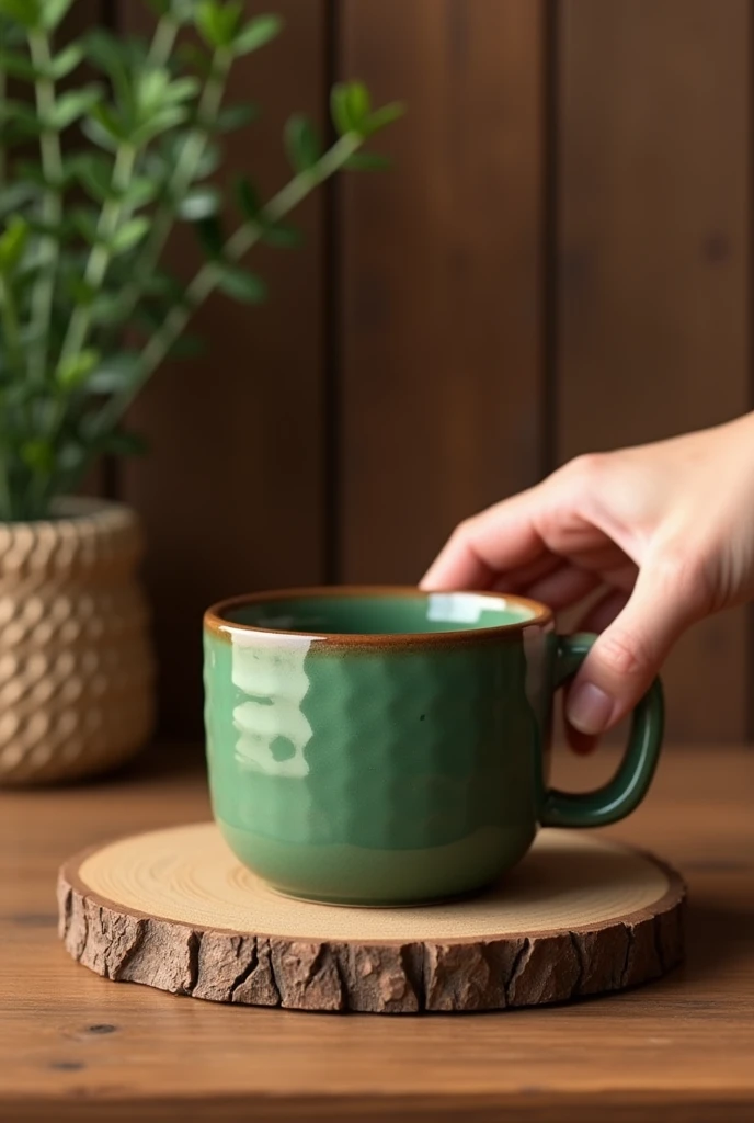 I want a green coffee mug with in wooden table with hand