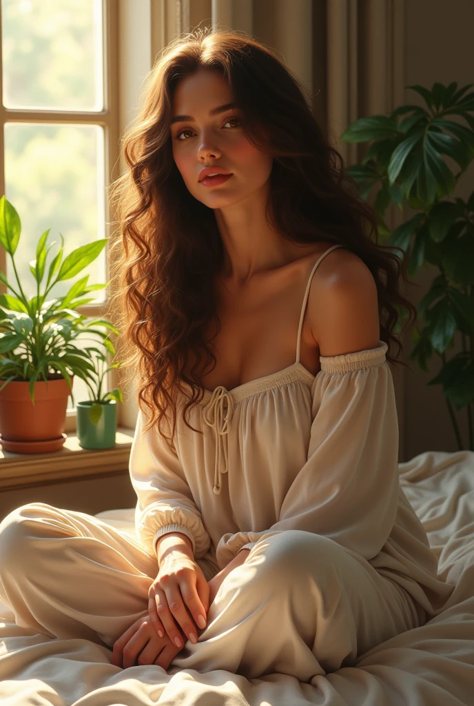 (photorealism:1.2), beautiful woman, sitting on bed, wearing loose off-shoulder top, pajama pants, long curly hair, indoors, soft lighting, plants in background, window with sunlight, cozy room, relaxed pose, realistic, intricate details, warm colors, by Greg Rutkowski, by Alphonse Mucha
