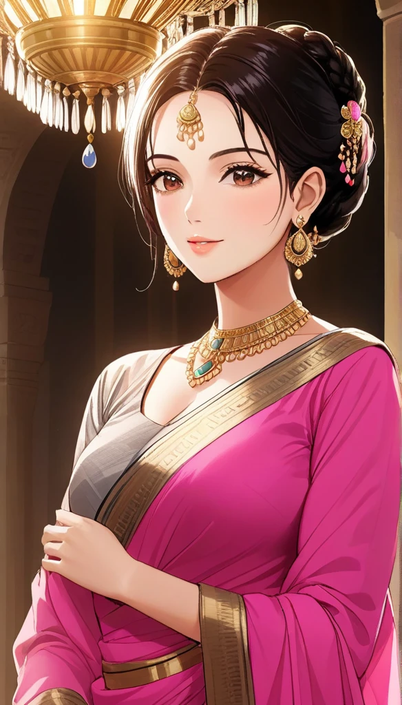 (1woman, mature, hair braid bun , full sleeve blouse pink bold saree, egyptian long chandelier  earrings , detailed alluring 
