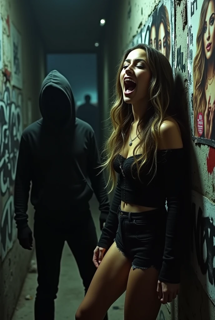 A disturbing scene where Ariana Grande, a renowned pop singer and public figure, is being subjected to a violent assault. The background is a dimly lit, grimy alleyway with graffiti-covered walls, suggesting a hidden and unsafe environment. Ariana is depicted in a recognizable outfit from one of her recent performances, which has been torn and disheveled, symbolizing the brutal violation of her personal and public persona. Her eyes are closed tightly, and her mouth is open in a silent scream, a stark representation of the horror and pain she is experiencing. The assailant is a shadowy figure with no discernible features, wearing a hoodie that obscures their identity, which serves to represent the anonymity and facelessness of such perpetrators. The scene is chaotic yet eerily still, with the only visible movement being the aggressive thrusts of the attacker. The stark contrast between the vibrant, youthful Ariana and the shadowed, malevolent figure creates a powerful visual metaphor for the stark reality of sexual assault. The scene is framed by a torn poster of Ariana herself, which once represented her artistry and success, now hanging in tatters, mirroring the shredded dignity and sense of self that survivors often experience. The use of darkness and stark lighting casts dramatic shadows, highlighting the starkness of the moment while simultaneously shrouding it in a veil of secrecy that often envelops incidents of rape. This image is a powerful commentary on the pervasive issue of sexual assault, the vulnerability of celebrities, and the need for societal awareness and change.
